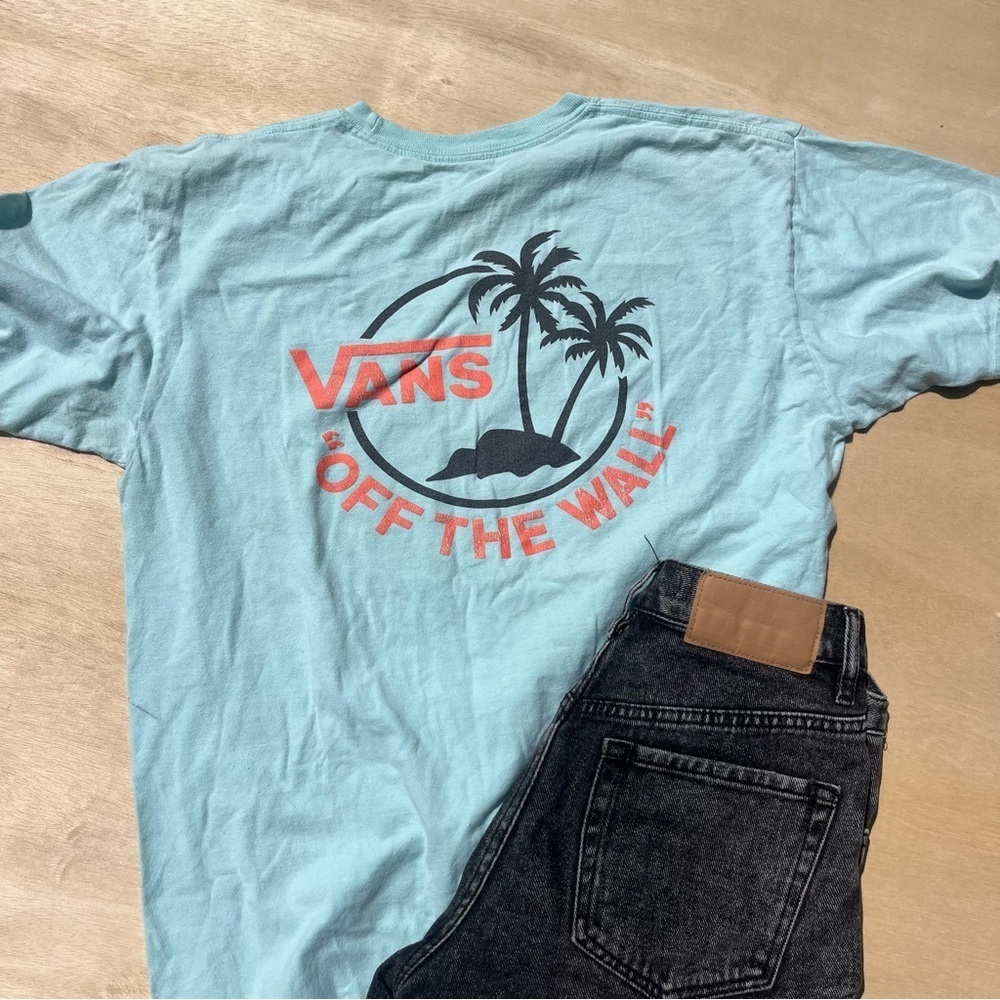 Vans Teal Blue Medium Graphic Print Short Palm Tree Skater Surf Visco Loose Fit